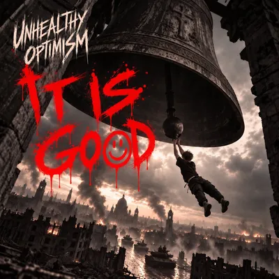 The “It is good” cover: a man hangs from the clapper of a huge church bell over a burning, ruined city, under the band’s name and the title in dripping red marker.