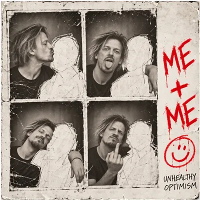 The “Me + Me” cover: a photo-booth strip of four frames in which a man fools around with an empty white outline of himself; the title in red marker.