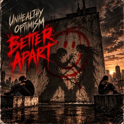 The “Better Apart” cover: two people sit far apart on a rooftop at dusk, before a wall where two shadows tangle inside a red smiley.