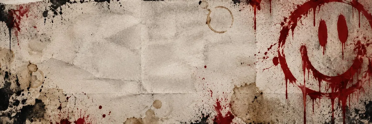 The band’s banner on Suno: crumpled, stained paper with coffee rings and a smiley in dripping red.